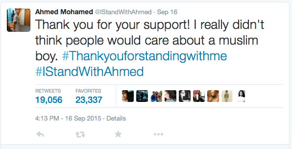 Ahmed Mohammed tweets: "Thank you for your support! I really didn't think people would care about a Muslim boy."