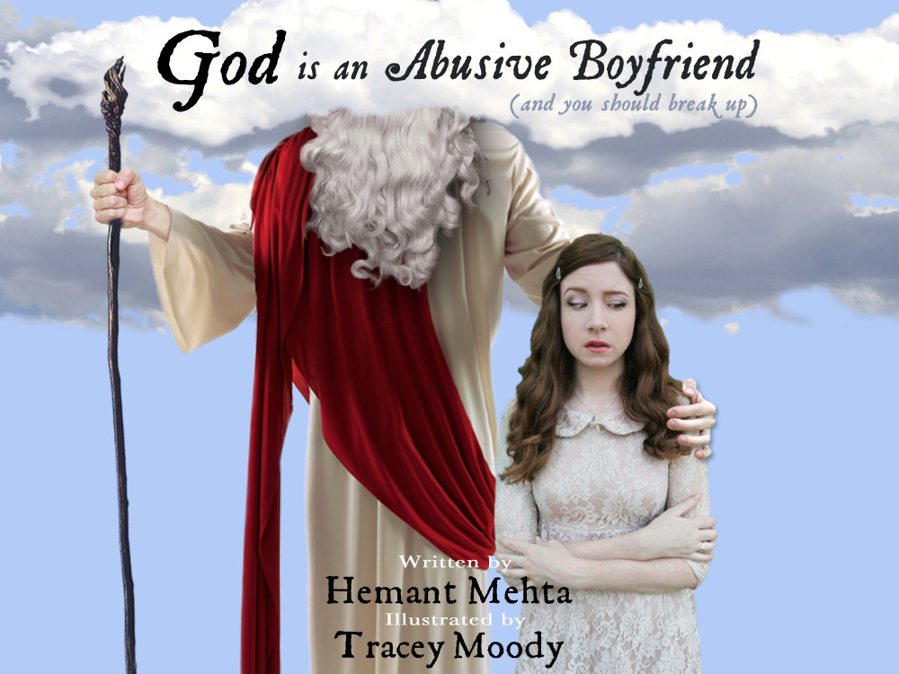 A book cover with a tall man with a beard whose face is hidden by clouds putting an arm around a young woman, who looks uncomfortable.