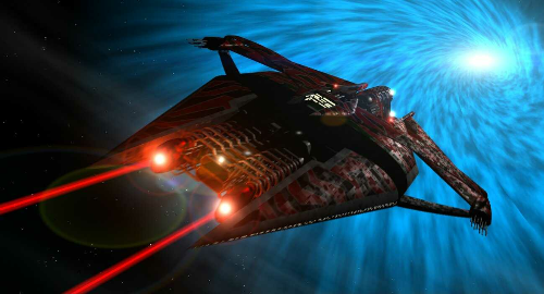 A large, dark ship with two red laser-looking rays being fired from the front, on a blue background of a hyperspace portal that looks like a whirlpool in space .