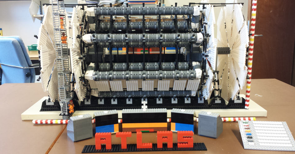 A close-up photo of the Lego model of the ATLAS detector at CERN.