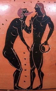 Image on Greek pottery of two male-bodied people engaging in sex act.