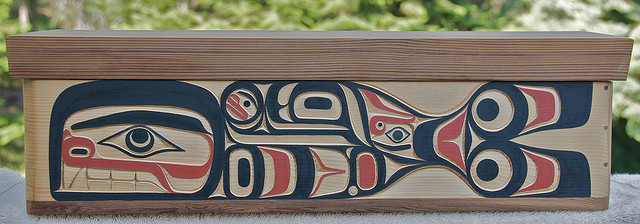 Thunderbird and orca decorated wooden box