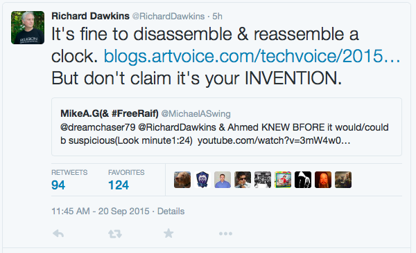 Richard Dawkins tweets," It's fine to disassemble and reassemble a clock, but don't claim it's your invention."
