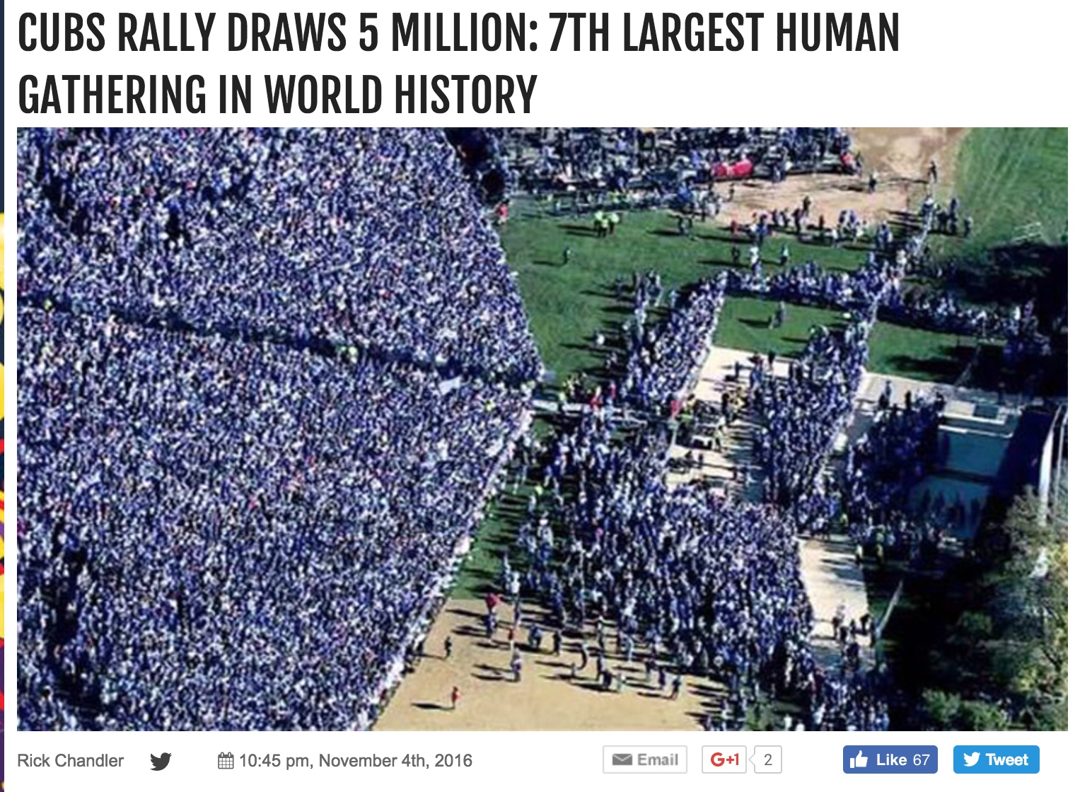 "cubs rally draws 5 million: 7th largest human gathering in world history"