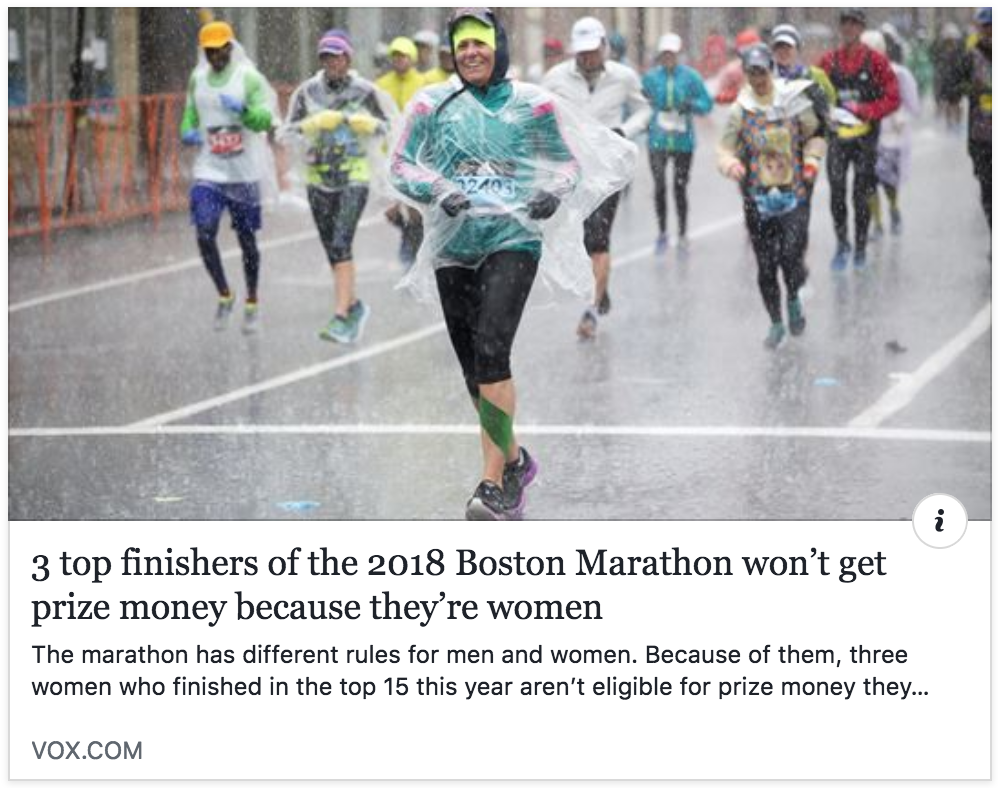 Screen Shot of the Vox Article with the title "3 finishers of the Boston Marathon won't get prize money because they're women."