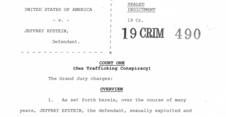 Screen cap of header of unsealed Epstein Indictment