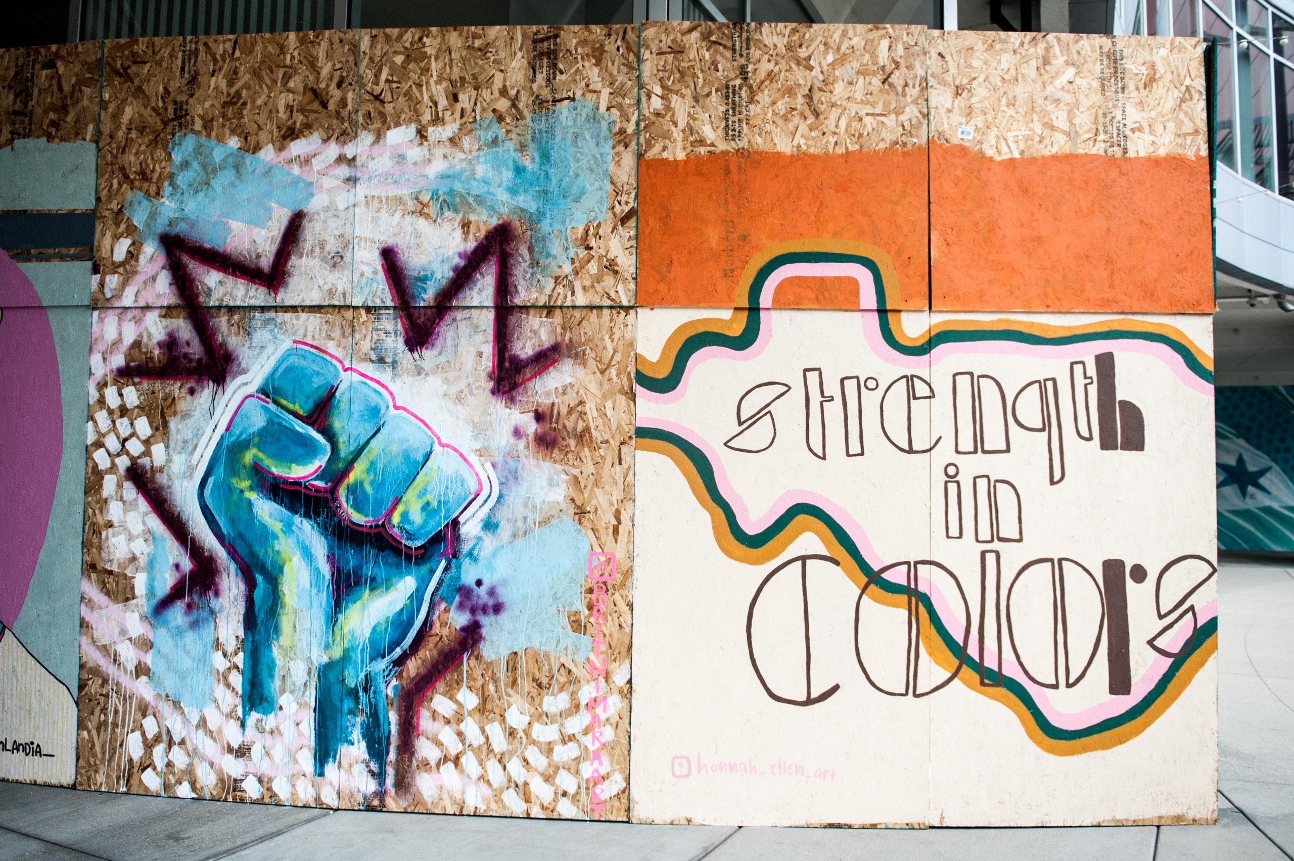 Photo of two board murals. The left one is of a blue fist. The right one says "Strength in Colors"