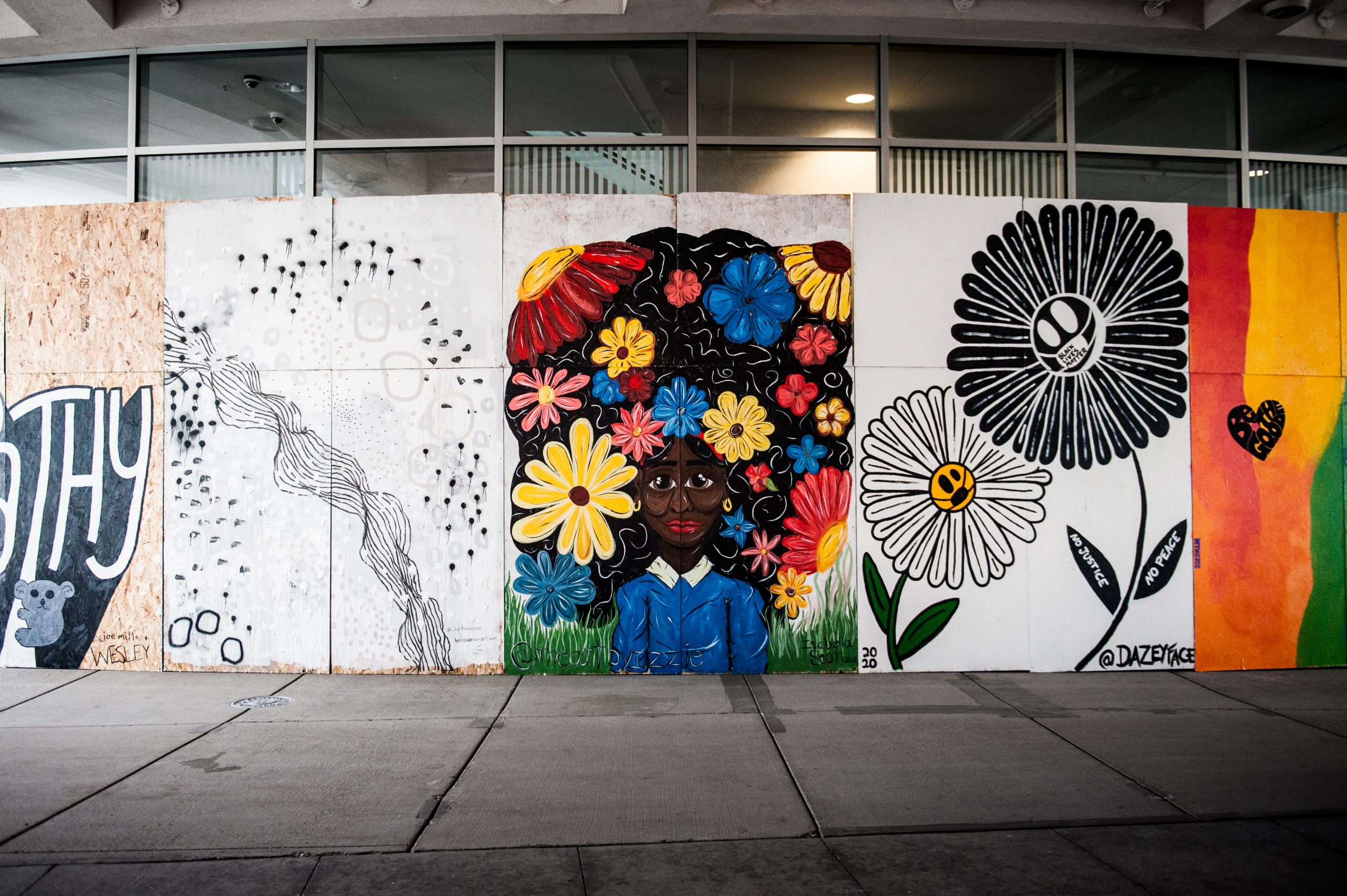Photo of three board murals. Left one is an abstract painting in black, grey and white. Middle painting is of a black woman with large hair filled with colorful flowers. Right painting is of two daisies, one is wearing a mask and one is painted all black and says "Black Lives Matter" in the center and "No Justice" and "No Peace" on its leaves.