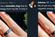 Two identical spam tweets promoting hematite rings.