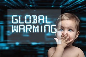 baby looking shocked at "global warming" message