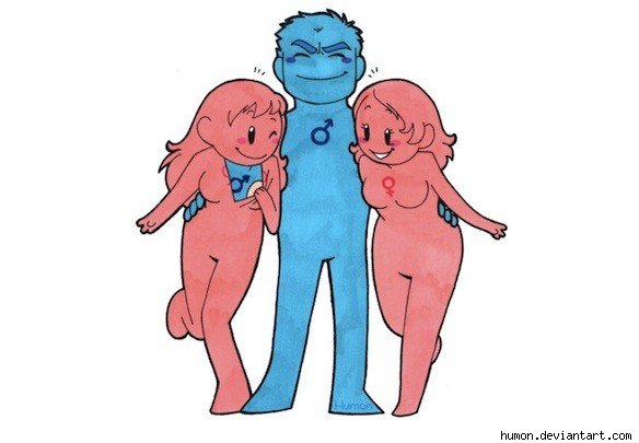 Cartoon of a blue male figure and two pink females, with one revealing a blue undertone