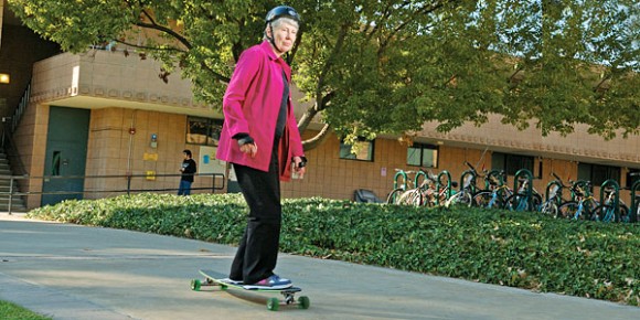 Maria Klawe on a skateboard